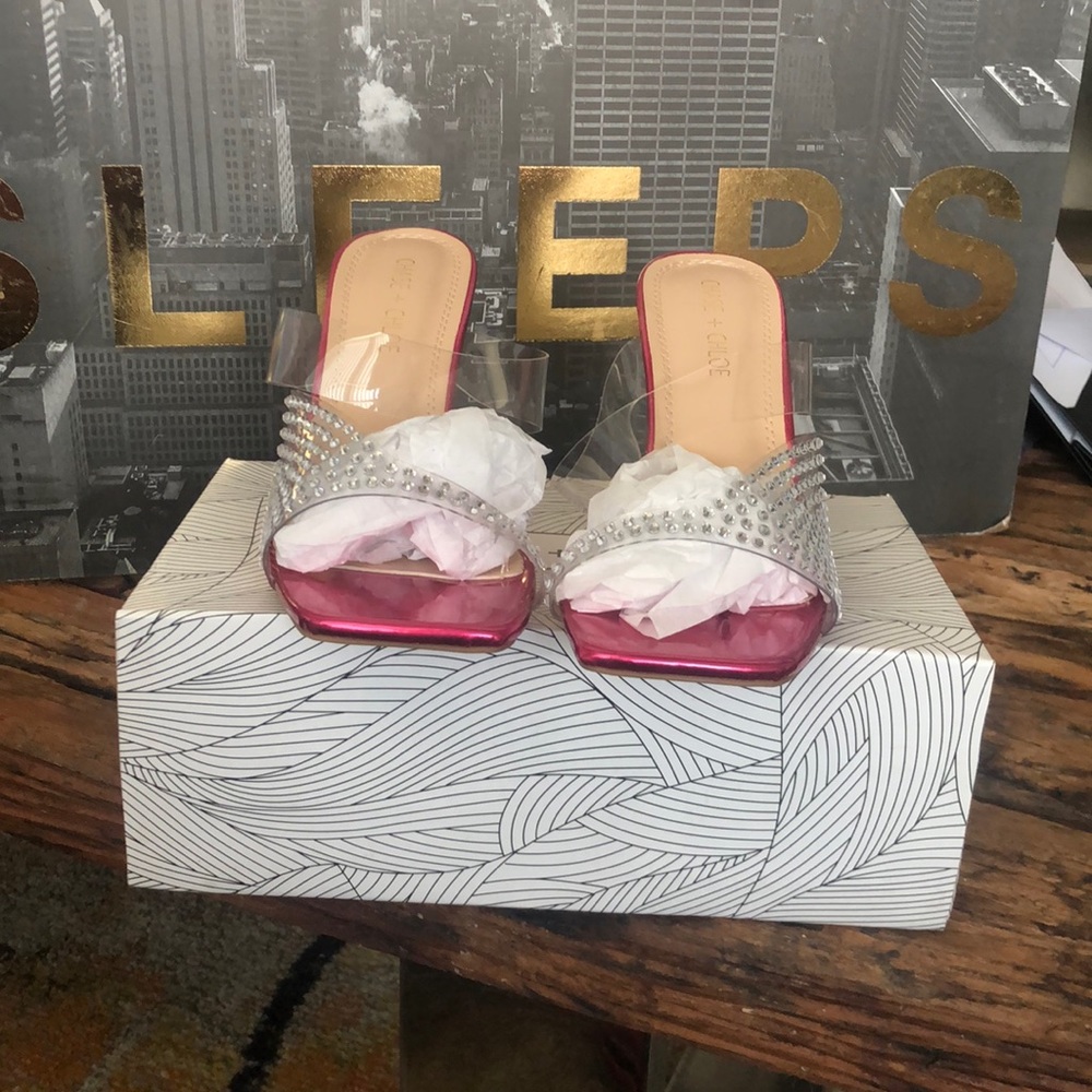 Rhinestone and clear plastic toe out heels
